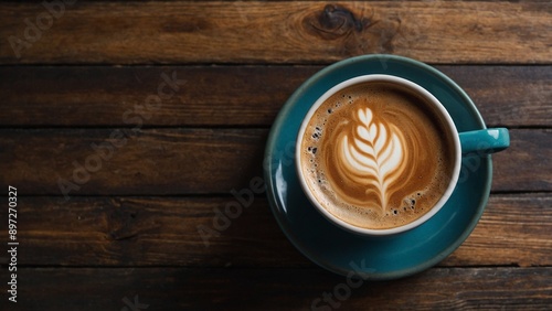 AI content. Wooden background with coffee cup.