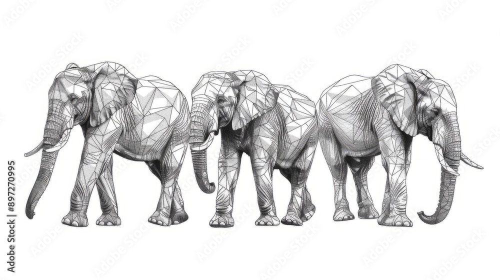 Graphic elephants made with black lines on a white background. Graphic elephants made with black lines on a white background.