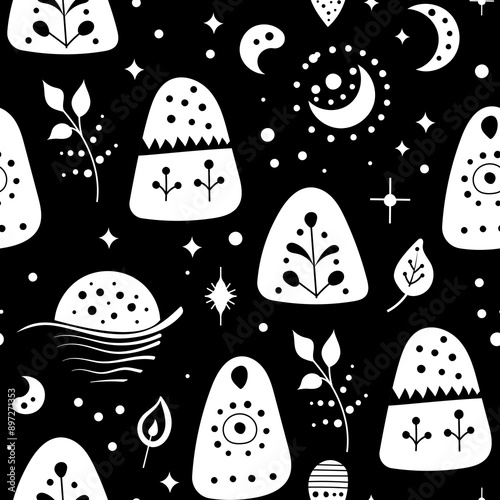 Seamless neo folk art vector pattern with mountains, moon and flowers, black and white floral design. Neo folk style endless background perfect for textile design. photo