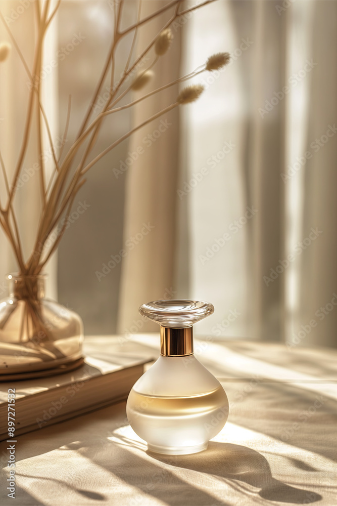 Elegant perfume bottle on a table with soft sunlight and shadows Elegant perfume bottle on a table with soft sunlight and shadows