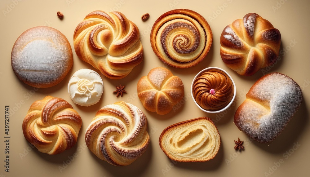 Delicious mix of buns, brioches,cookies and pastries on a brown table, seen from above 