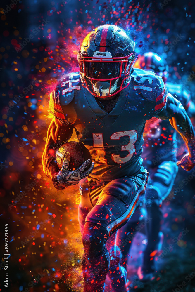 Fototapeta premium American football player in action amid vibrant colors.