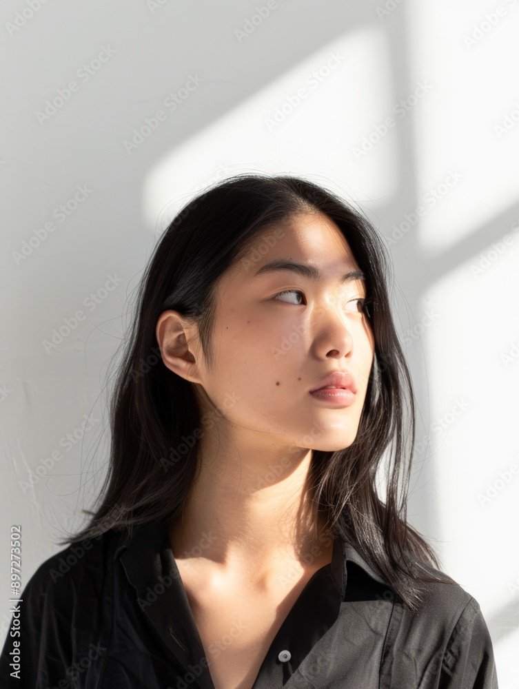 Asian woman in minimalist studio setting, gazing thoughtfully side, pure white backdrop and soft natural light sleek black hair contemplative expression, creating modern, serene atmosphere.