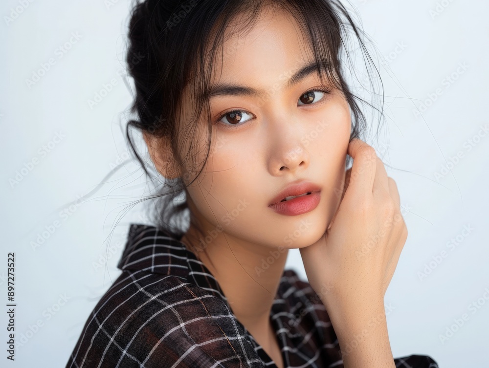 Portrait of an average-looking Asian woman in a minimalist studio setting, holding a tablet, pure white backdrop and soft lighting create a calm, focused atmosphere, modern digital lifestyle. Portrait of an average-looking Asian woman in a minimalist studio setting, holding a tablet, pure white backdrop and soft lighting create a calm, focused atmosphere, modern digital lifestyle.