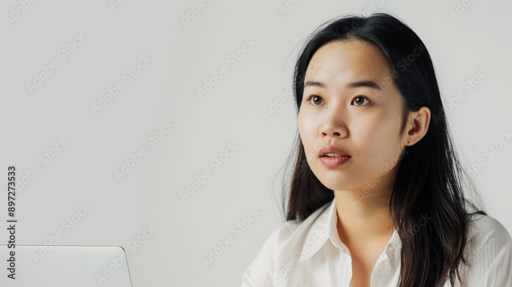 Close-up portrait Asian woman in a minimalist studio, gazing intently, white backdrop and soft natural light thoughtful expression and sleek black hair, creating serene, modern aesthetic. Close-up portrait Asian woman in a minimalist studio, gazing intently, white backdrop and soft natural light thoughtful expression and sleek black hair, creating serene, modern aesthetic.