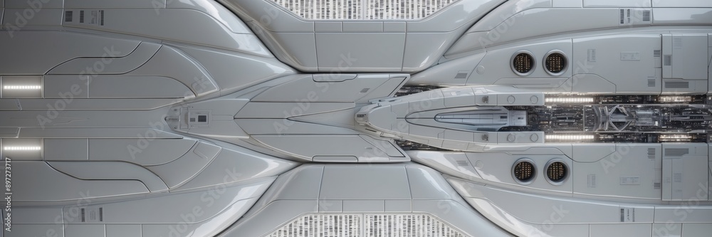 Close-up view of a spaceship's hull, revealing the exposed engine components and structural panels Close-up view of a spaceship's hull, revealing the exposed engine components and structural panels