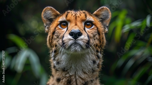 Close Up Portrait of a Cheetah Looking Up in a Lush Forest