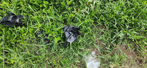 Black garbage bag was left in the grass. trash bag was left behind. Black plastic garbage scattered on grass in park. dirty plastic garbage. Wasteland is often dumping ground for irresponsible people 