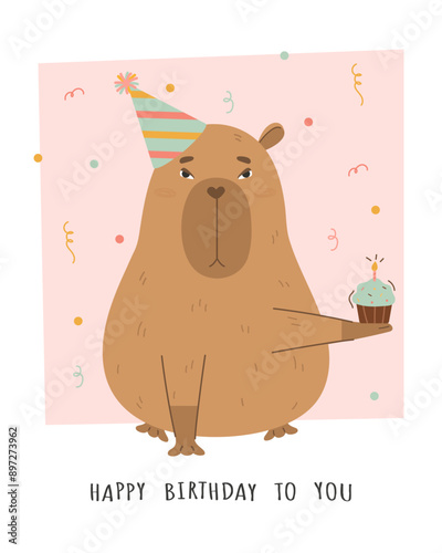 Funny capybara with cake Birthday card