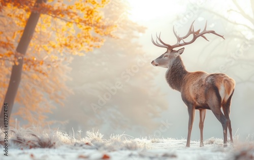 Graceful deer standing in a misty forest clearing, morning light, detailed fur and antlers, nature stock photo, serene and tranquil, autumn foliage