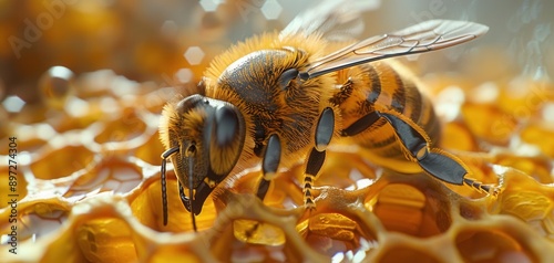 Close up of a bee in its hive, ultra-realistic detail, Generative AI, high resolution, perfect for nature and macro photography, photo