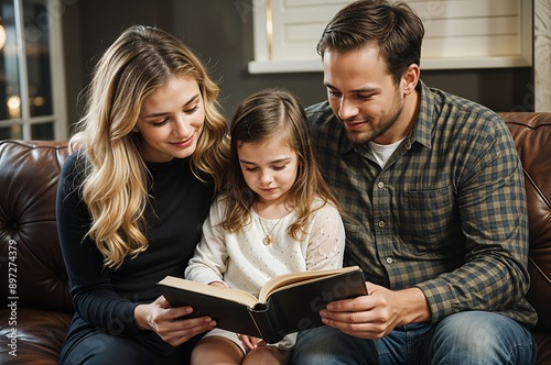 Christian family spending time in prayer and Bible reading. 
