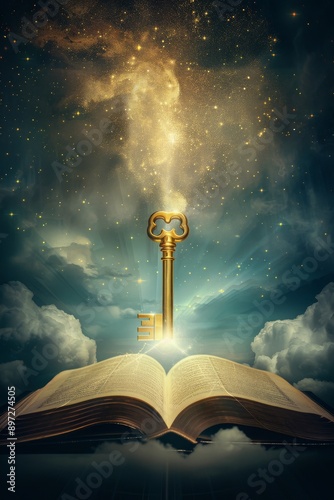 A striking image of an open book with a golden key emerging from its pages