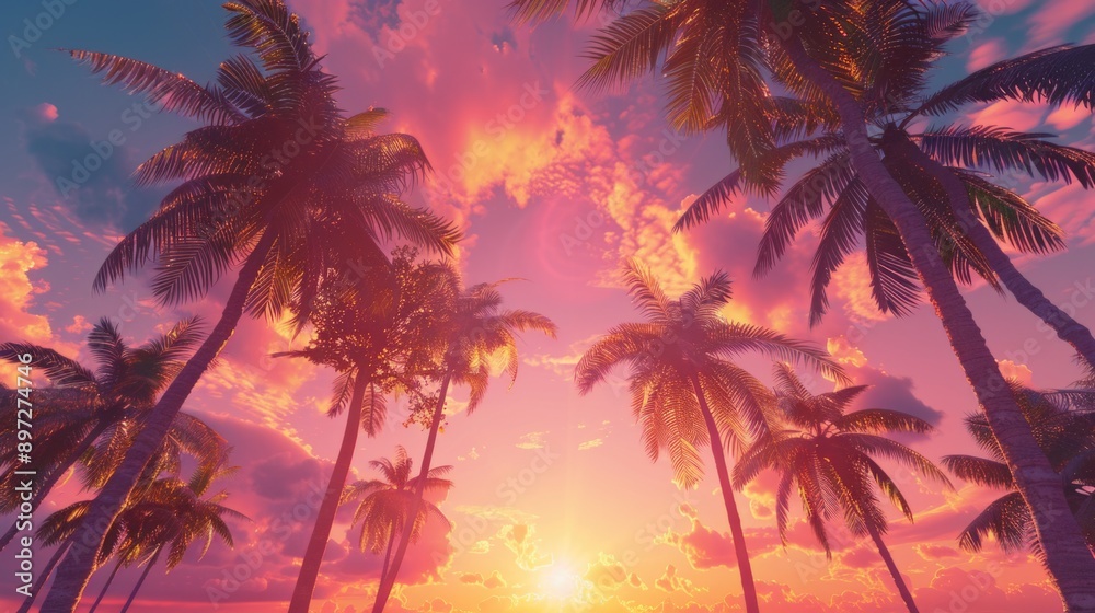A serene landscape of palm trees silhouetted against a warm sunset sky A serene landscape of palm trees silhouetted against a warm sunset sky
