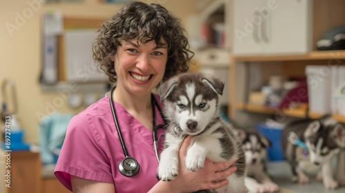a white female veterinarian wearing pink scrubs and a stethoscope, holding up playful Husky puppy in a modern veterinary office