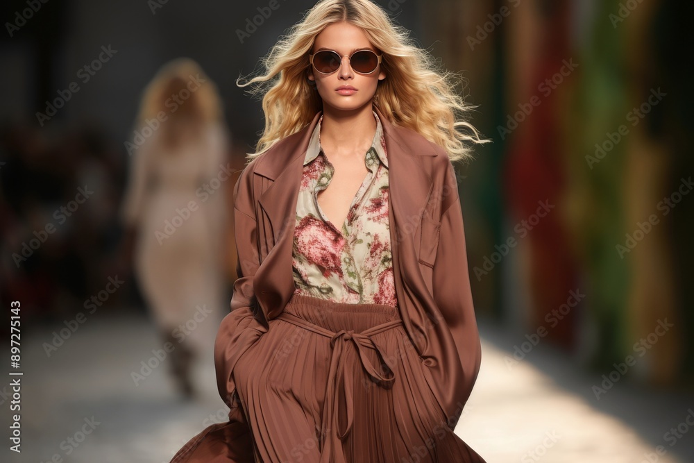 Fashion model walks on a runway wearing stylish brown clothes in color of year 2025, Mocha Mousse Fashion model walks on a runway wearing stylish brown clothes in color of year 2025, Mocha Mousse