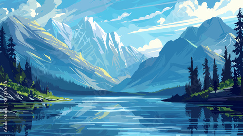 Mountain lake vector cartoon illustration background