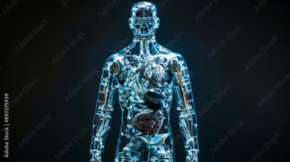 Full-body transparent human figure with visible mechanical organs, detailed anatomy merges with advanced technology, illustrating the fusion biology machinery. Complex systems.