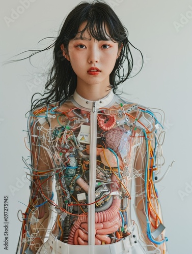 Asian woman with transparent body exposing internal mechanical organs, wires, image is set against plain white background, complexity cybernetic enhancements, expression woman is calm focused.