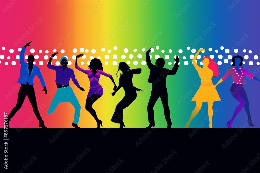 A group of people are dancing in a rainbow. Scene is energetic and fun A group of people are dancing in a rainbow. Scene is energetic and fun