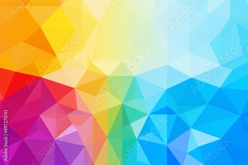 A colorful background with a blue triangle in the middle. The background is made up of different colored triangles