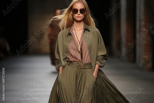 Fashion show, model walks on a runway wearing stylish autumn season clothes and sunglasses, Mocha Mousse, color of year 2025