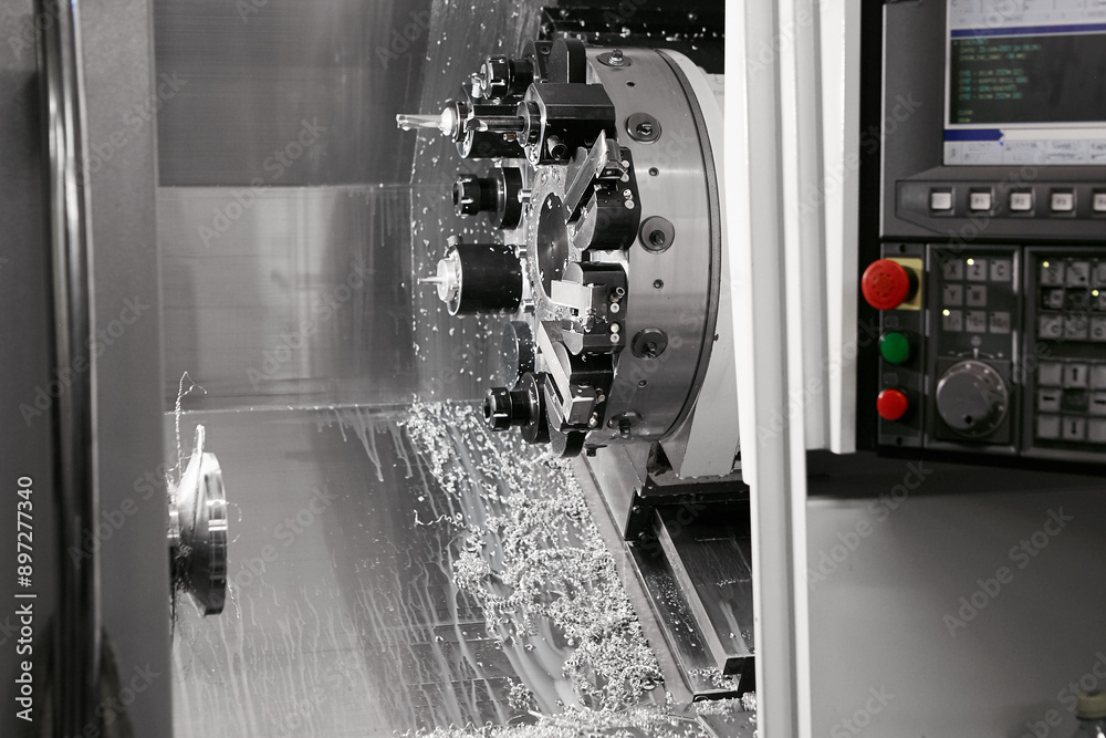 Fototapeta premium CNC turn mill machine chamfer cutting the metal shaft parts. The hi-technology metal working processing by Computer Numerical Control machine.