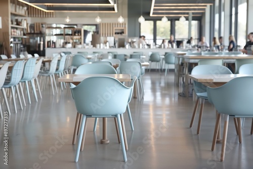 A school cafeteria with light blue chairs and white tables is empty, likely after a lunch period
