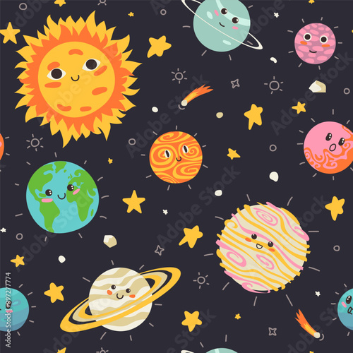 Cute childish planets and stars of solar system seamless pattern. Funny astronomical objects with orbits vector flat illustration. Cartoon universe with adorable cosmic celestial body
