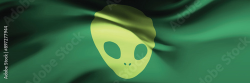 Flag with Alien. Vector banner with green humanoid face. UFO Invasion