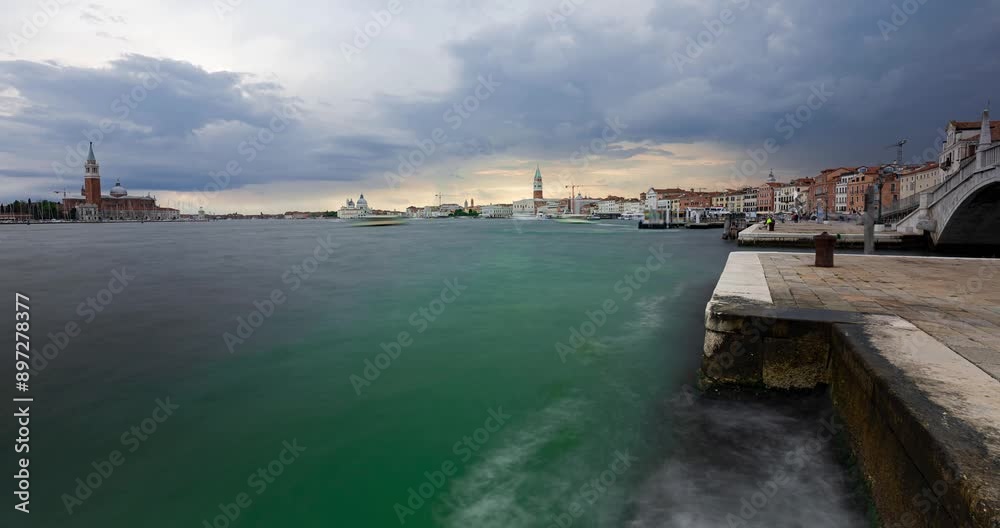 Venice, Italy - June 04, 2024: Cityscape view to Church of San Giorgio Maggiore. Time-lapse. Long exposure. Venice, Italy - June 04, 2024: Cityscape view to Church of San Giorgio Maggiore. Time-lapse. Long exposure.