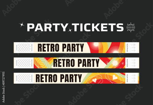 A vector set of control bracelets for a club, disco, concert, festival, event, pass to the fan zone, party in y2k style. Mockup of a bracelet in a futuristic style. Ticket for a festival