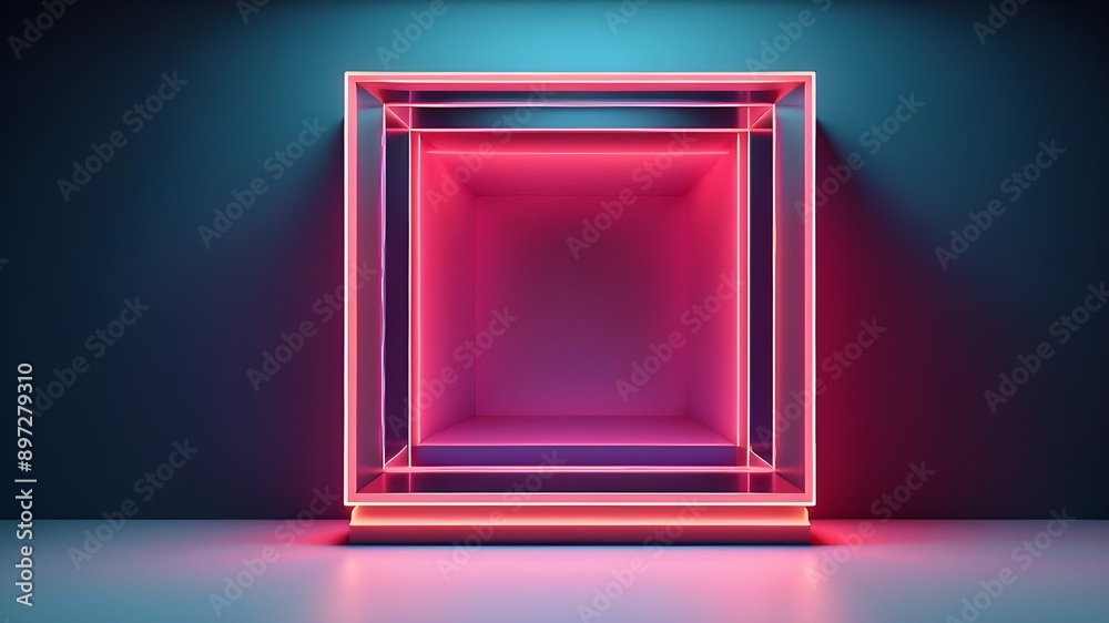 3D render of an abstract geometric background including a neon square frame that glows in the dark with gradient light. Modern product display cabinet for product demonstration 3D render of an abstract geometric background including a neon square frame that glows in the dark with gradient light. Modern product display cabinet for product demonstration