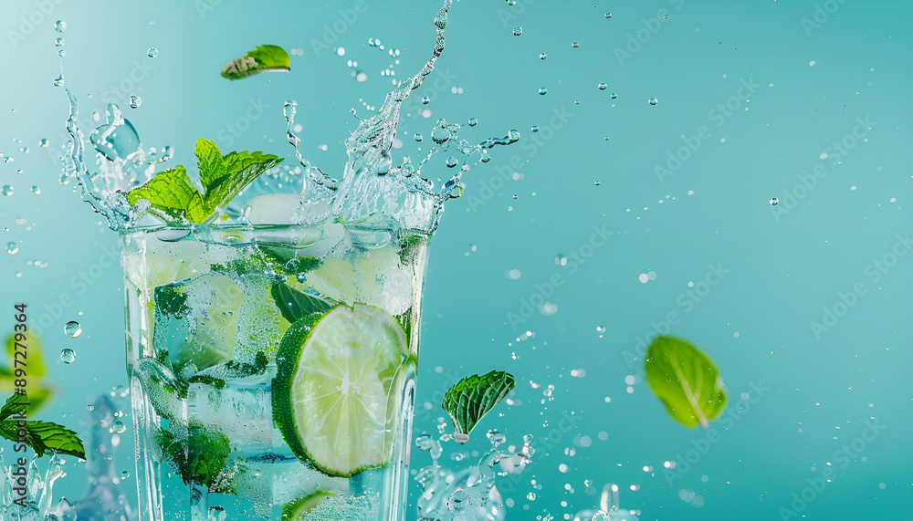 Mojito with splash and drops. Cocktail or mocktail with lime, mint, and ice in glass on blue background. Summer cold alcoholic non-alcoholic drink, beverage and cocktail. Copy space Mojito with splash and drops. Cocktail or mocktail with lime, mint, and ice in glass on blue background. Summer cold alcoholic non-alcoholic drink, beverage and cocktail. Copy space