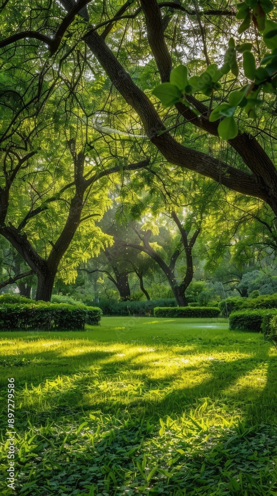 Obraz premium A row of sprinklers waters a lush green lawn in a tropical setting, with tall palm trees lining the edge of the property