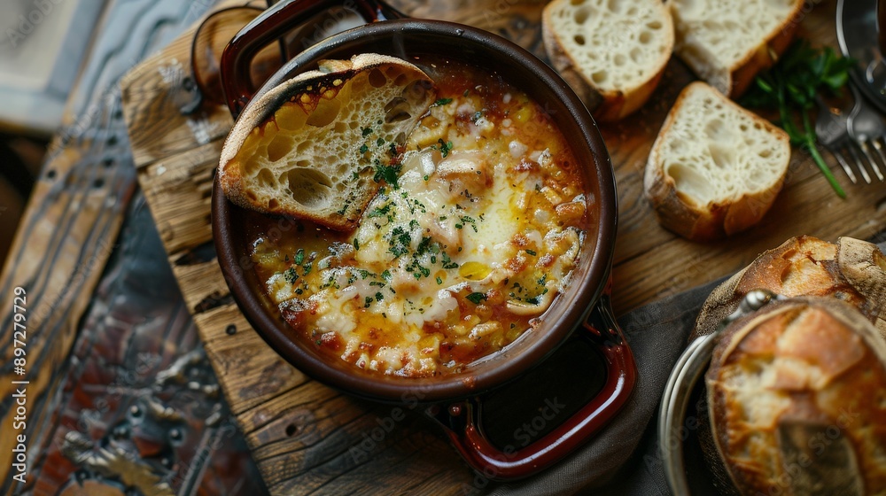 A hearty meal of soup and bread on a rustic table A hearty meal of soup and bread on a rustic table
