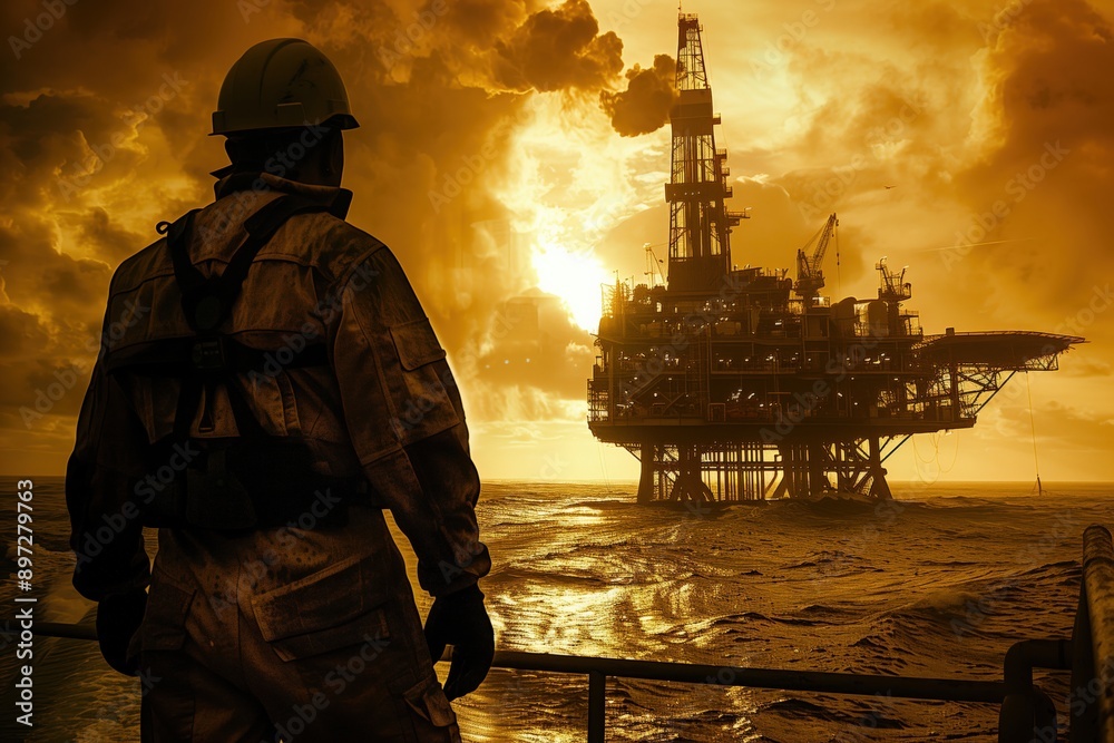 Offshore oil rig at sunset silhouette of an engineer in protective gear Vintage Sepia tones Watercolor blending industry and nature, no text, no trademark, no logo Offshore oil rig at sunset silhouette of an engineer in protective gear Vintage Sepia tones Watercolor blending industry and nature, no text, no trademark, no logo