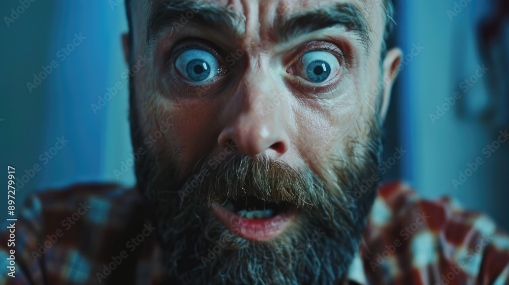 A close-up shot of a person's face showing surprise and shock A close-up shot of a person's face showing surprise and shock