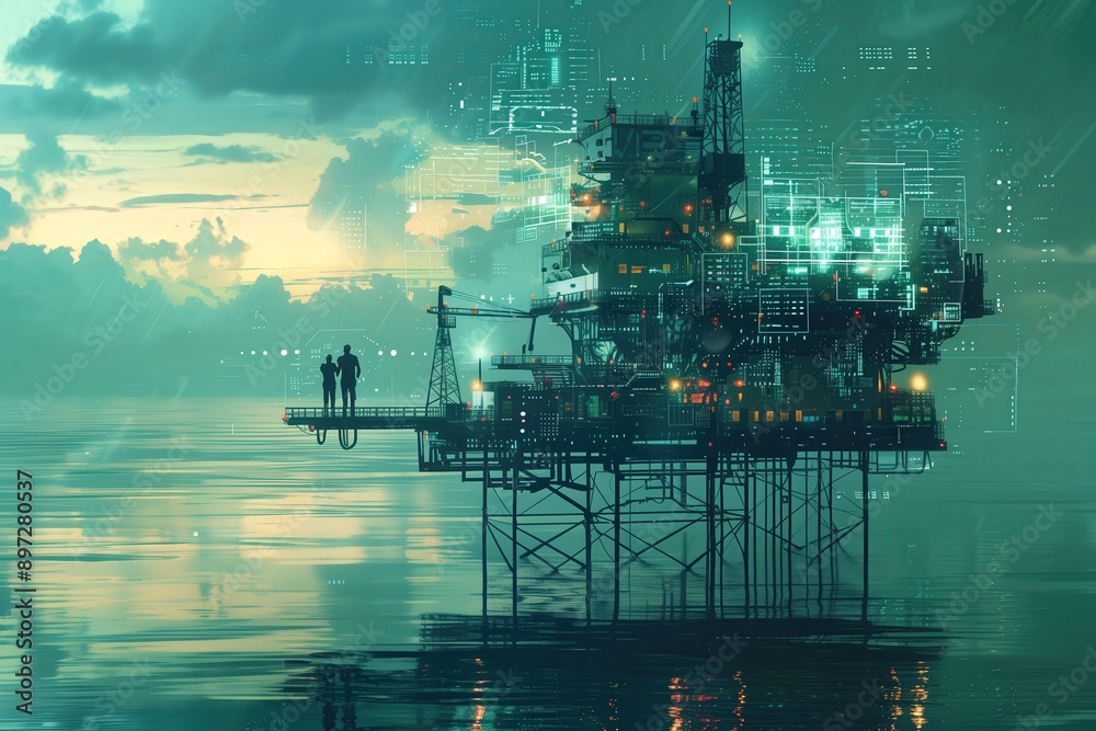 Offshore platform in the middle of the ocean engineers using interactive holograms Surrealism Deep blues Digital Painting modern technology at sea, no text, no trademark, no logo Offshore platform in the middle of the ocean engineers using interactive holograms Surrealism Deep blues Digital Painting modern technology at sea, no text, no trademark, no logo