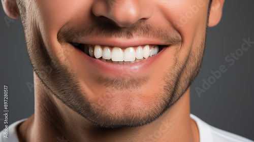 generated illustration close up of young man smiling with perfect white teeth. © seanzheng