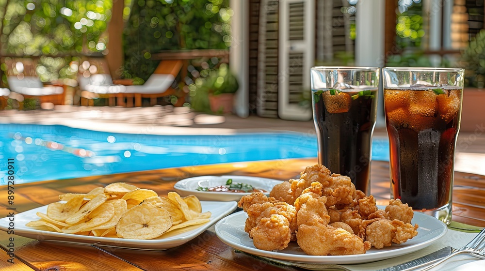 Two glasses of cola, a plate of fried food, and a plate of chips sit on a wooden table beside a pool Two glasses of cola, a plate of fried food, and a plate of chips sit on a wooden table beside a pool