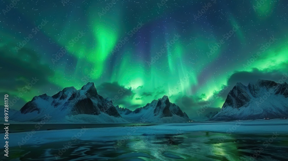 Naklejka premium Stunning Aurora Borealis Paints the Night Sky Over Snowy Peaks. AI generated image