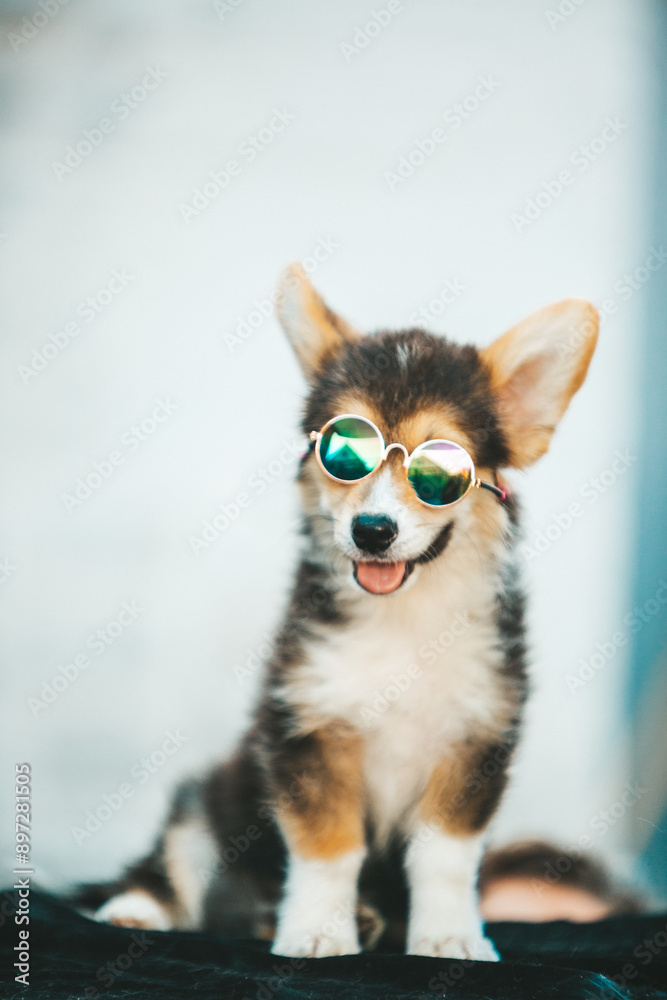 Corgi puppy wearing sunglasses Corgi puppy wearing sunglasses