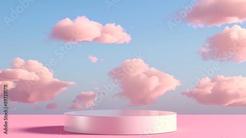 A pink podium with a sky background, a luxury product display render in heaven, a pink stand with a smoke scene, and a white podium with a pastel pastel romantic space sunset abstract backdrop.