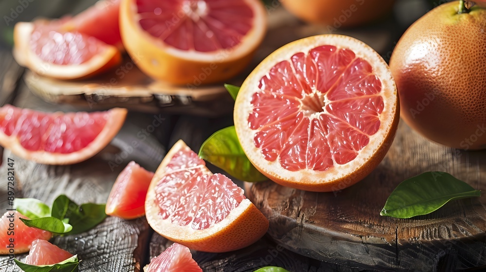 Halved Ripe Red Grapefruit on Rustic Wooden Surface Halved Ripe Red Grapefruit on Rustic Wooden Surface