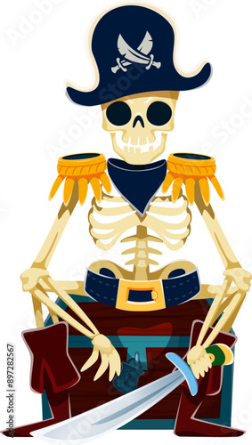 Cartoon skeleton pirate captain character sitting on the treasure chest, sternly guarding his loot, adorned in a classic filibuster outfit with a dark cocked hat. Isolated vector Halloween skeleton