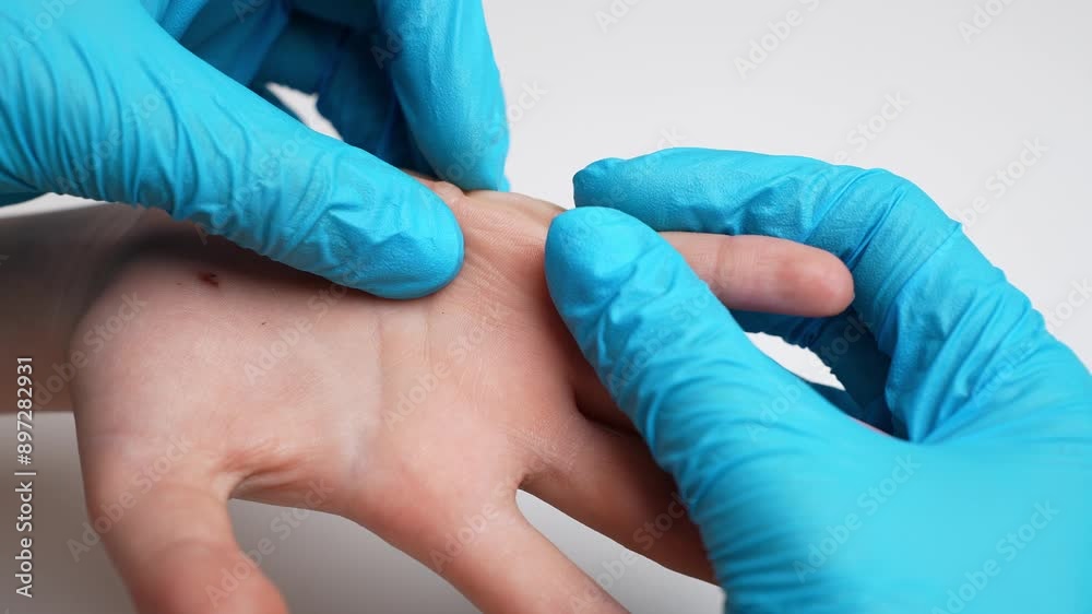 Dermatologist examines children palm affected by viral warts Verruca ...