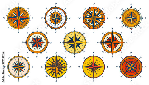 Vintage marine wind rose, nautical chart. Colorful navigational compass with cardinal directions of North, East, South, West. Geographical position, cartography and navigation. Vector illustration