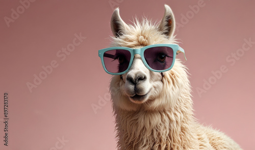 Creative animal concept. Llama in sunglass shade glasses isolated on solid pastel background, commercial, editorial advertisement, surreal surrealism