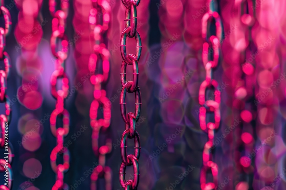 Pink chains hanging with a blurry pink and purple bokeh background Pink chains hanging with a blurry pink and purple bokeh background